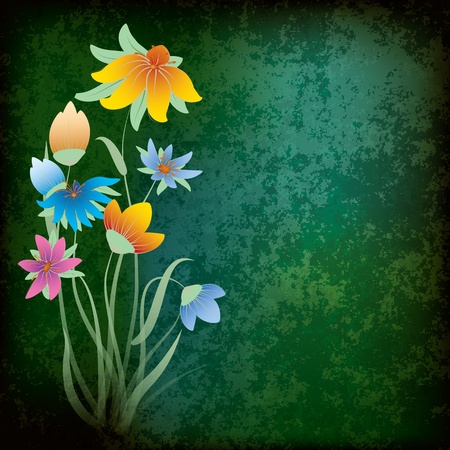 abstract grunge composition with flowers on dirty green backgroundのイラスト素材