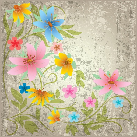 abstract grunge floral background with flowers on beigeのイラスト素材