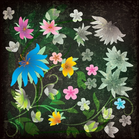 abstract grunge floral background with flowers on blackのイラスト素材