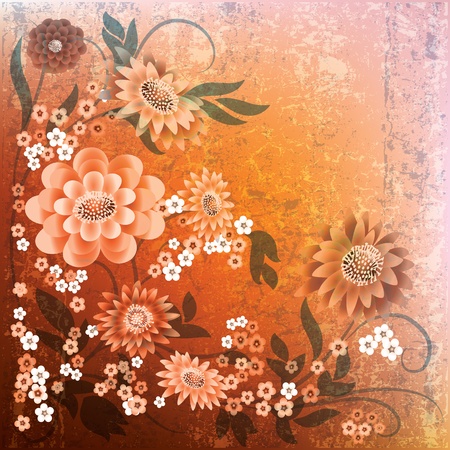 abstract grunge floral background with flowers on orangeのイラスト素材