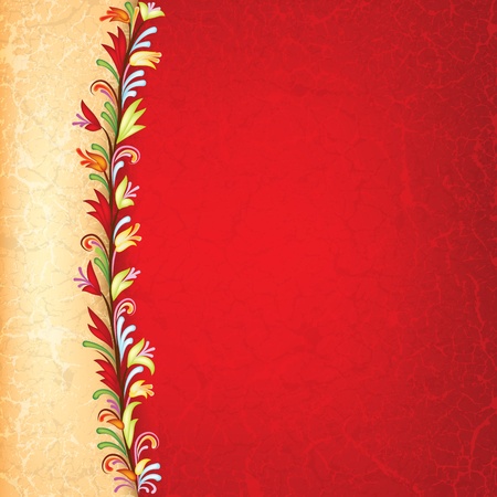abstract grunge floral ornament on cracked red backgroundのイラスト素材