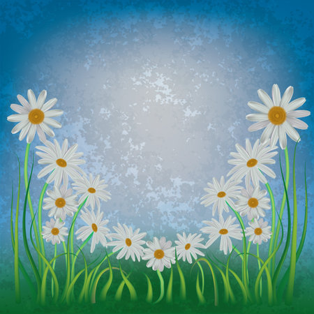 abstract grunge floral background with chamomiles on blueのイラスト素材