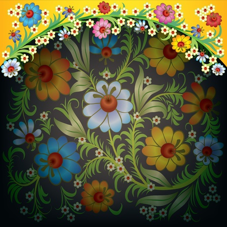abstract grunge floral ornament with flowers on blackのイラスト素材