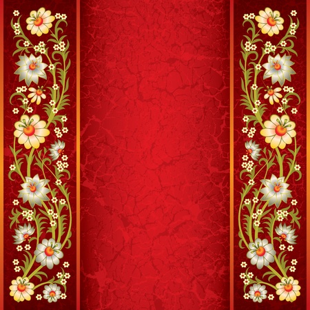 abstract grunge floral ornament with white flowers on redのイラスト素材