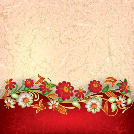 abstract grunge floral ornament on red backgroundのイラスト素材