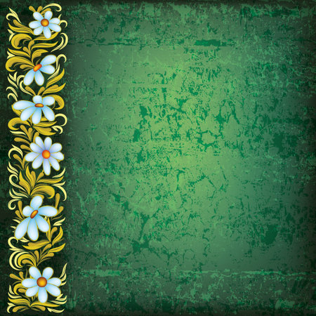 abstract grunge floral ornament with flowers on greenのイラスト素材
