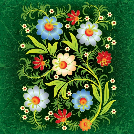 abstract grunge floral ornament with orange flowers on green backgroundのイラスト素材