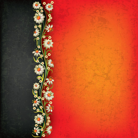 abstract grunge black red background with floral ornamentのイラスト素材
