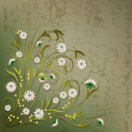abstract grunge illustration with white flowers on greenのイラスト素材