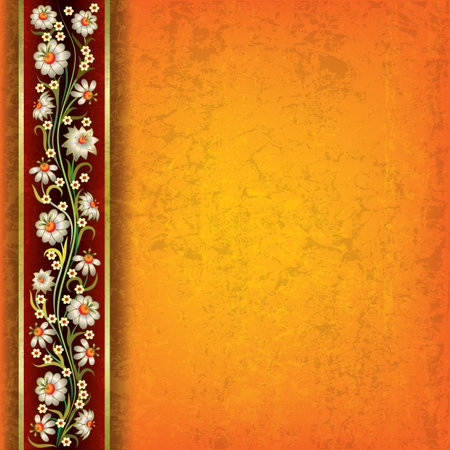 abstract grunge orange yellow background with floral ornamentのイラスト素材