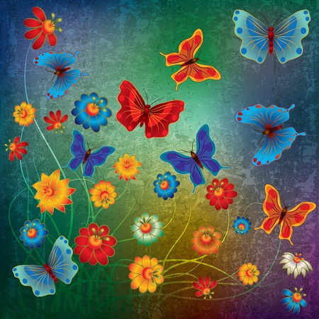 abstract grunge illustration with butterflies and flowers on blueのイラスト素材