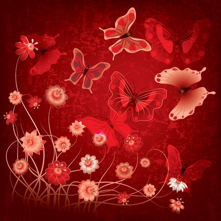 abstract grunge illustration with butterflies and flowers on redのイラスト素材