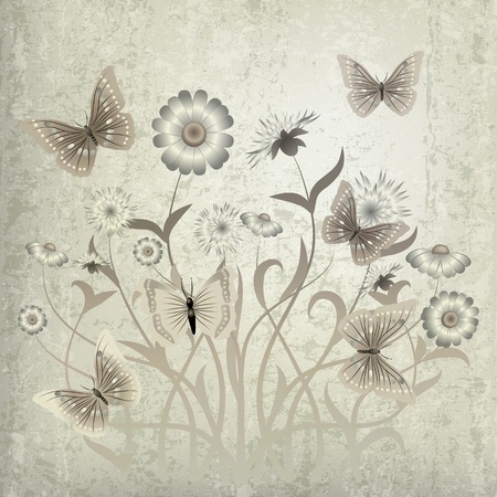 abstract grunge illustration with butterfly and flowers on beigeのイラスト素材