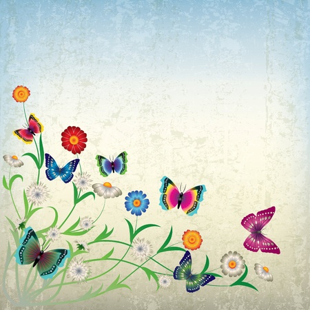 abstract grunge illustration with flowers and butterfly on beigeのイラスト素材