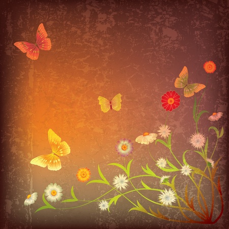 abstract grunge illustration with flowers and butterfly on brownのイラスト素材