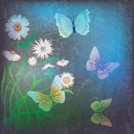 abstract grunge illustration with flowers and butterfly on darkのイラスト素材