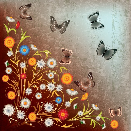 abstract grunge illustration with flowers and butterflyのイラスト素材