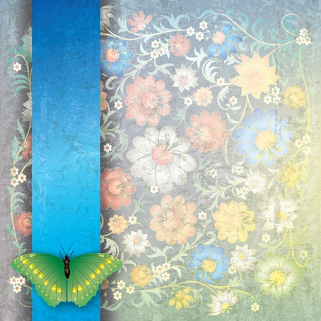 abstract grunge color background with butterfly and flowersのイラスト素材