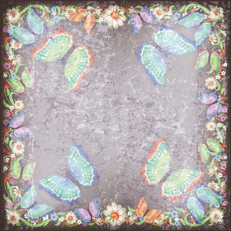 abstract grunge grey background with floral ornament and butterfliesのイラスト素材