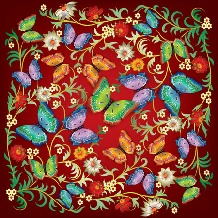 abstract grunge floral ornament and butterflies on red