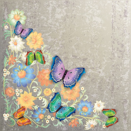 abstract grunge floral ornament and butterflies on greyのイラスト素材
