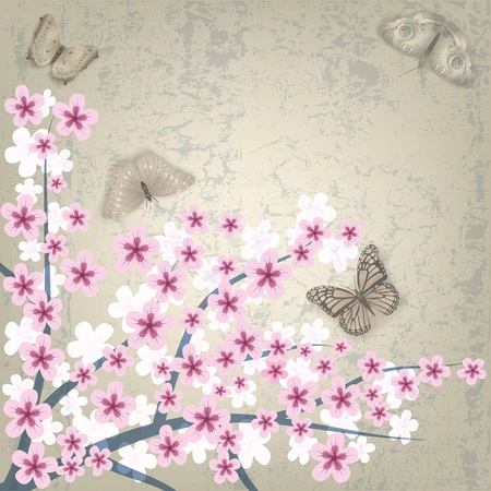 abstract beige grunge background with flowers and butterfliesのイラスト素材