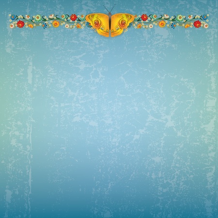 abstract blue grunge background with floral ornament and butterflyのイラスト素材