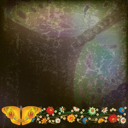 abstract dark grunge background with floral ornament and butterflyのイラスト素材