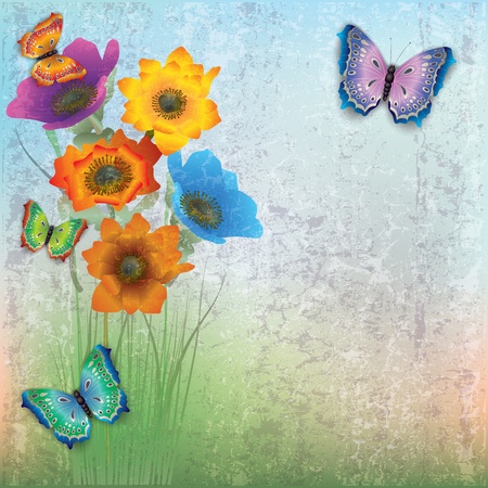 abstract grunge background with butterflies and flowersのイラスト素材