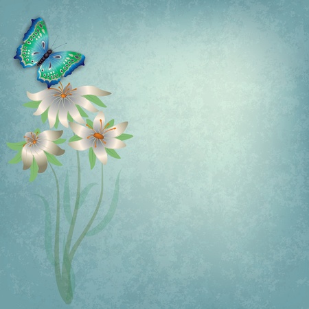 abstract grunge background with butterfly and white flowersのイラスト素材
