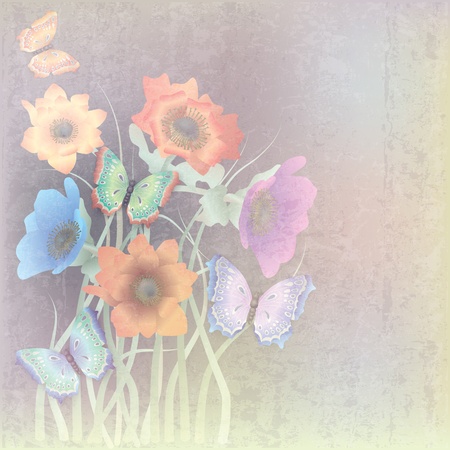 abstract grunge beige background with butterflies and flowersのイラスト素材