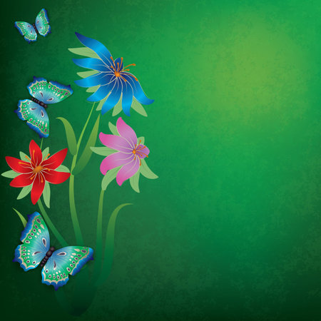 abstract grunge green background with butterflies and flowersのイラスト素材