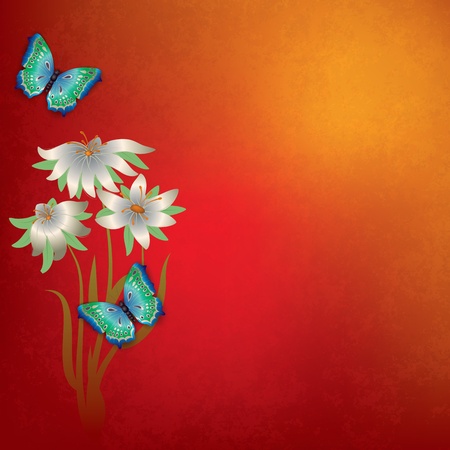 abstract grunge red background with butterflies and white flowersのイラスト素材