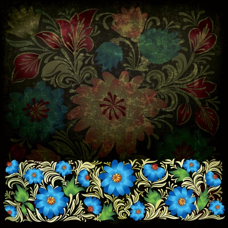 abstract dark grunge background with blue green floral ornamentのイラスト素材