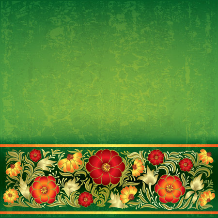 abstract grunge green background with color floral ornamentのイラスト素材