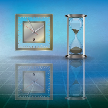 abstract grunge illustration with clock and hourglass on blueのイラスト素材