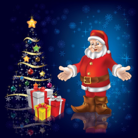Christmas tree with Santa Claus and gifts on blueのイラスト素材