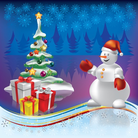christmas tree with gifts and snowman on blue backgroundのイラスト素材