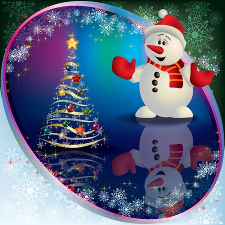 Abstract Christmas greeting with snowman and treeのイラスト素材