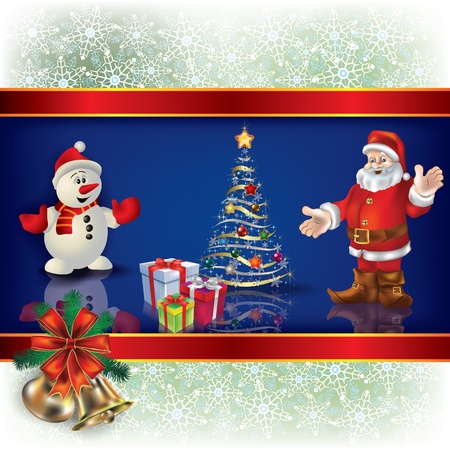 Abstract Christmas blue background with Santa snowman and giftsのイラスト素材