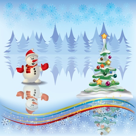 Abstract Christmas greeting with tree and snowman on light backgroundのイラスト素材