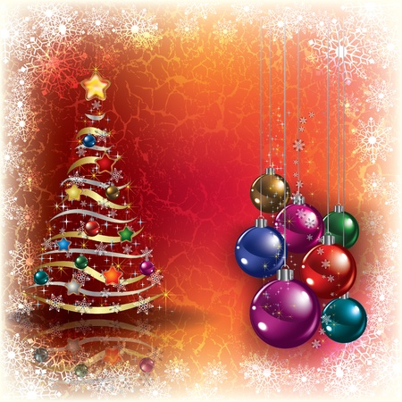 Abstract grunge background with Christmas tree and decorationsのイラスト素材