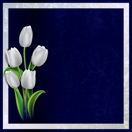 abstract floral grunge background with white tulips on blueのイラスト素材