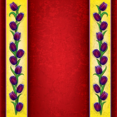 abstract grunge red background with purple tulipsのイラスト素材