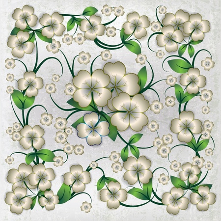 abstract grey grunge ornament with white spring flowersのイラスト素材