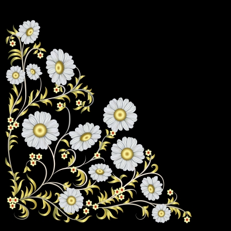 abstract floral ornament with chamomiles isolated on a black backgroundのイラスト素材