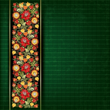 abstract grunge red floral ornament on green backgroundのイラスト素材