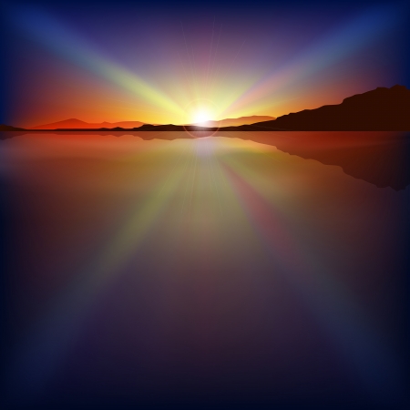 abstract sea background with sunrise and mountainsのイラスト素材