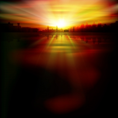 abstract background with silhouette of London and red sunriseのイラスト素材