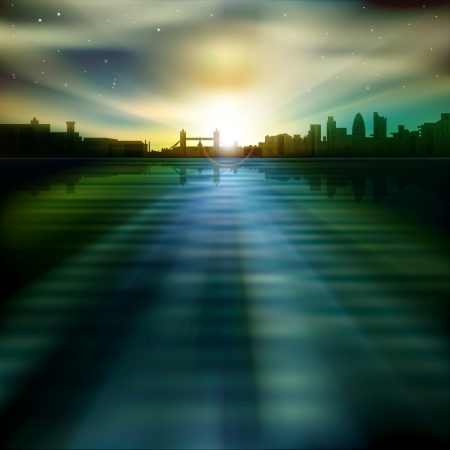 abstract blue background with silhouette of London and sunriseのイラスト素材